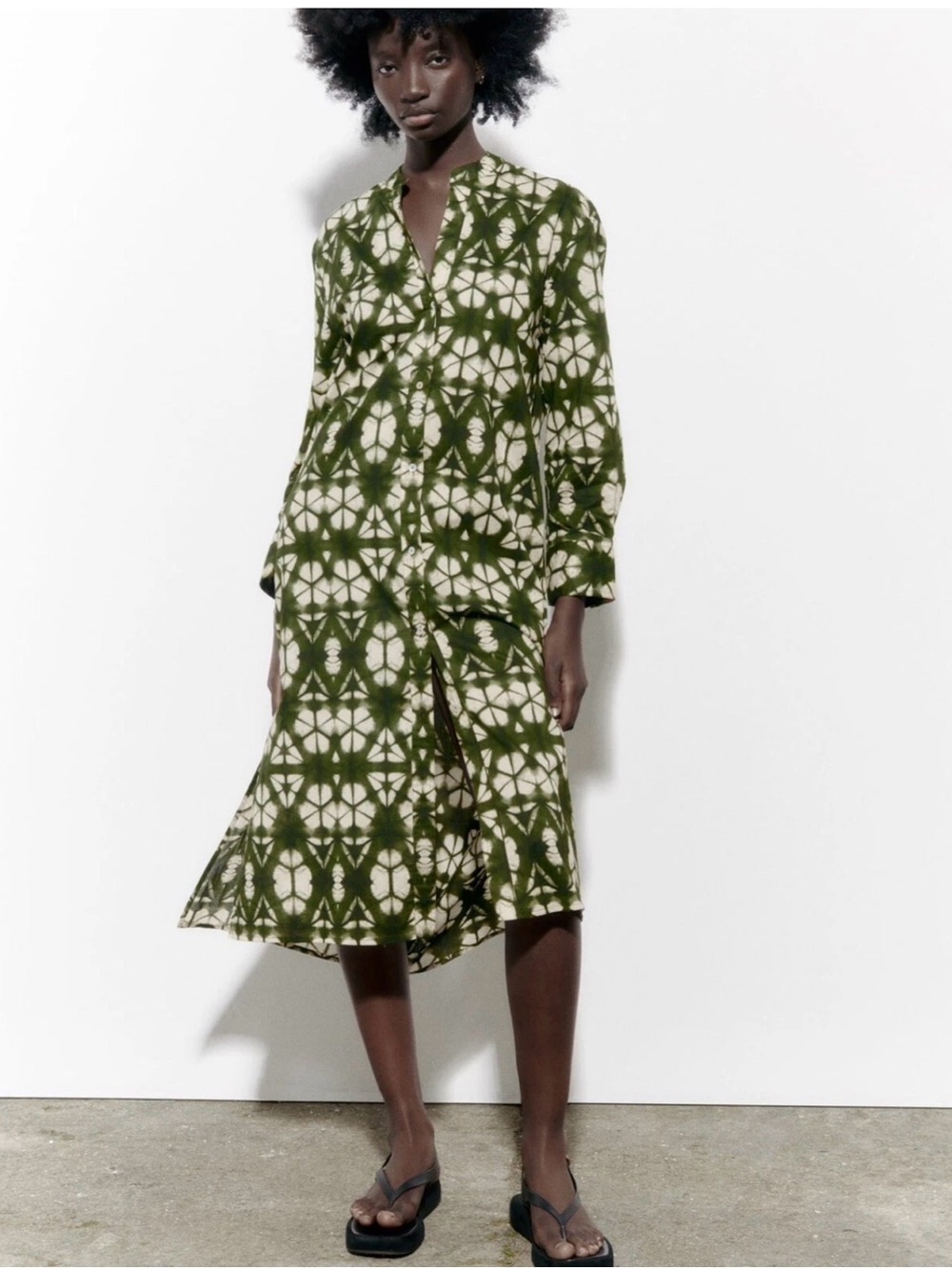 Zara Olive Green and Cream Tie-Dye Ecru Button-Front Tunic Dress